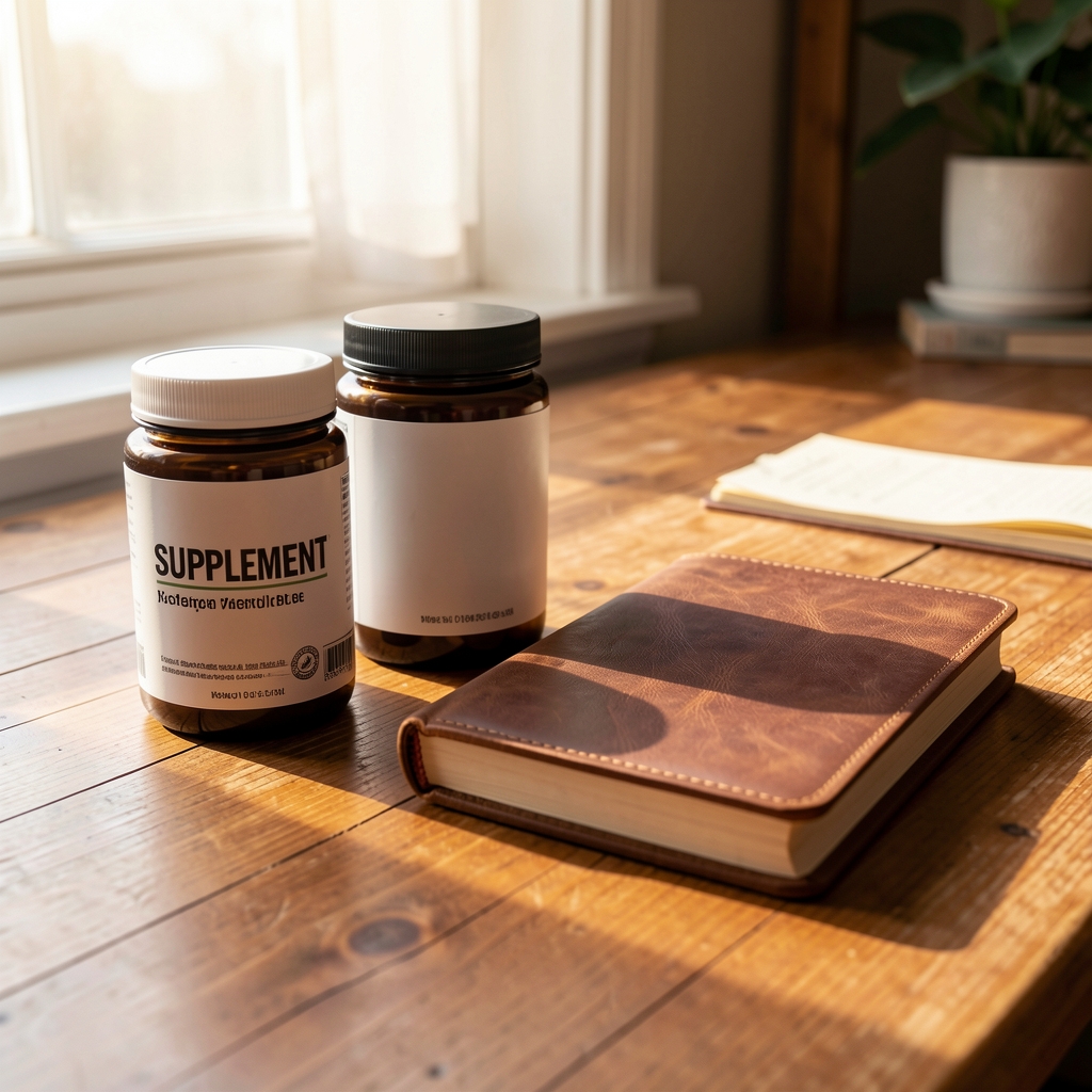 Supplement containers and a leather notebook arranged on a warm wooden desk in morning light